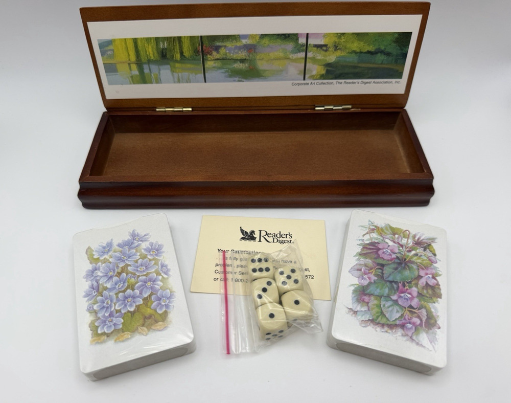 Wooden Game Box Vintage Reader's Digest Playing Card Set and Dice